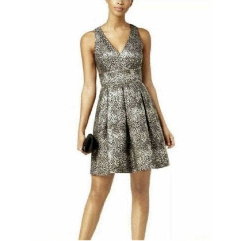 GUESS Sz 4 Metallic Black Gold Party Cocktail‎ Dress V Neck